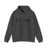 E.UNNE Logo Hoodie — Minimal Monogram Pullover in dark grey with kangaroo pocket and double-lined hood.