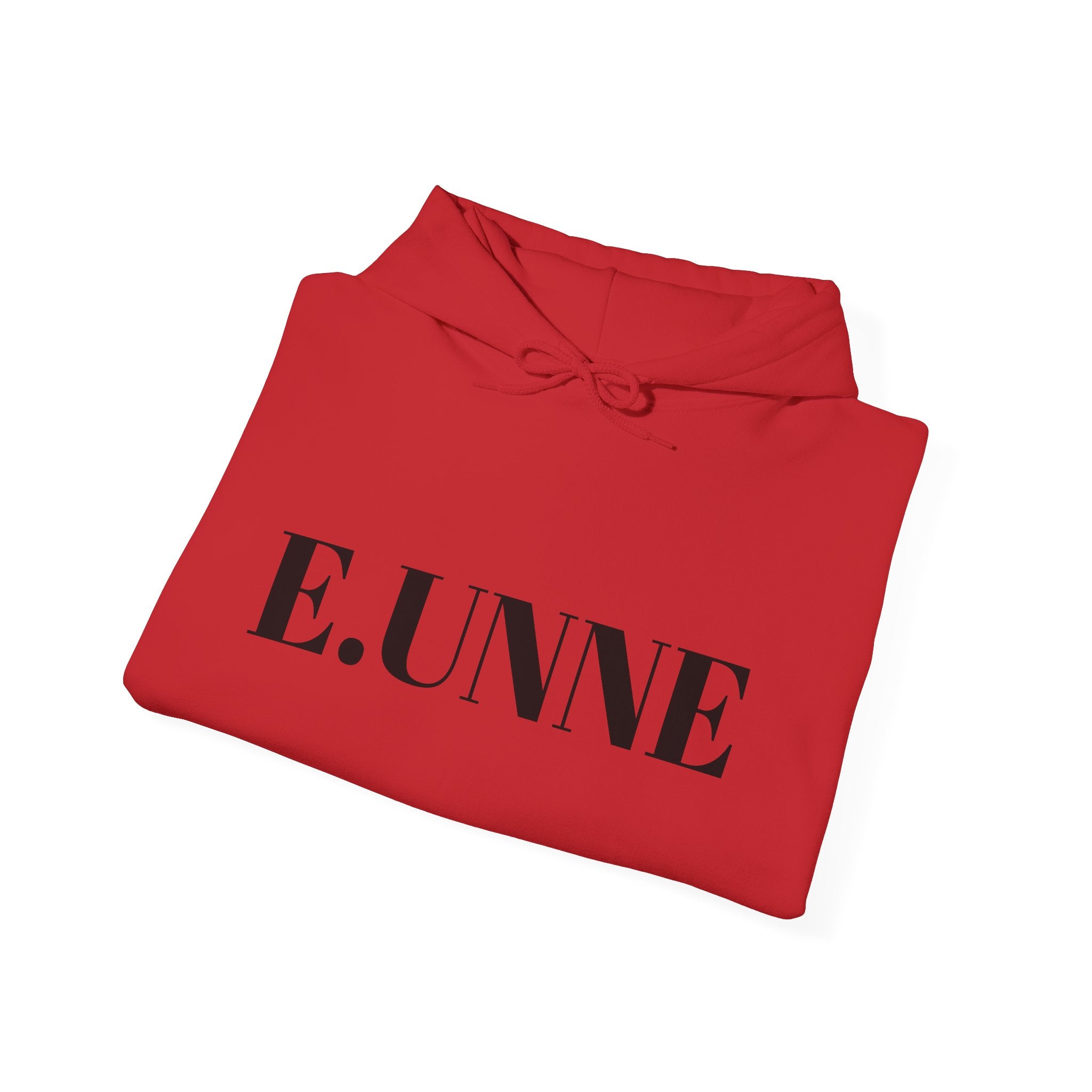 E.UNNE Logo Hoodie — Minimal Monogram Pullover in red, featuring a clean, minimalist design with centered logo.