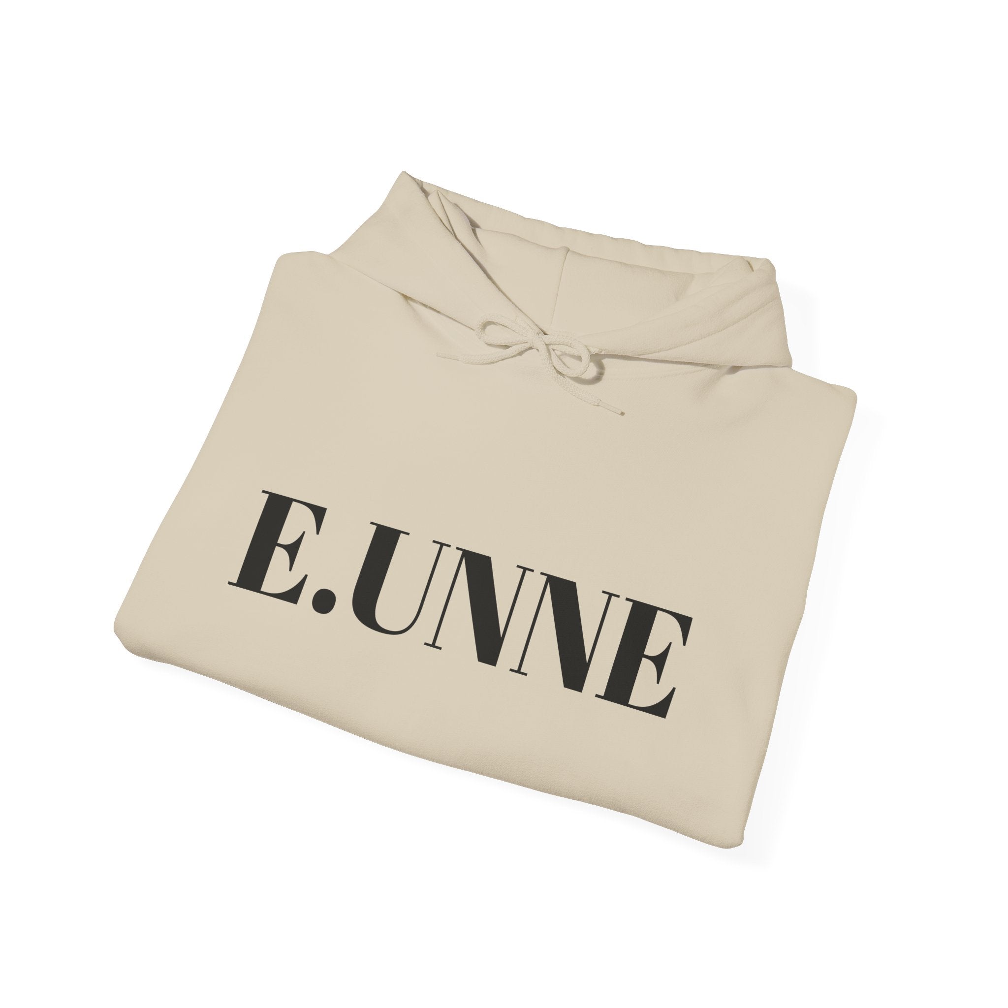 E.UNNE Logo Hoodie — Minimal Monogram Pullover displayed in a soft beige color with minimalist design.