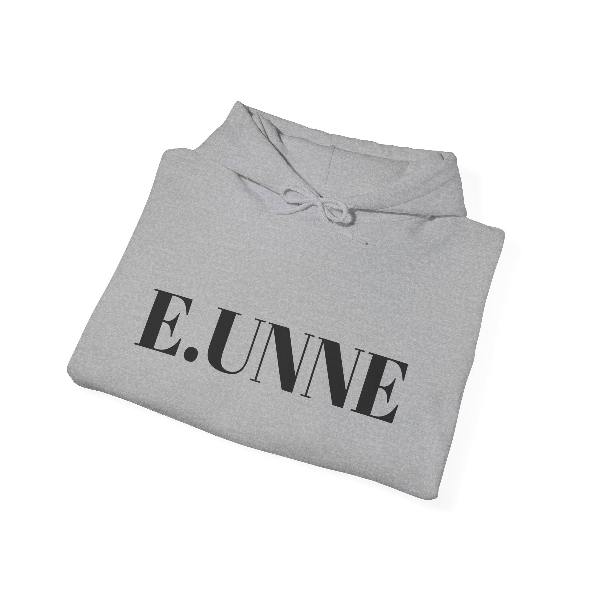 E.UNNE Logo Hoodie — Minimal Monogram Pullover folded, showcasing the minimalist design on a gray background.