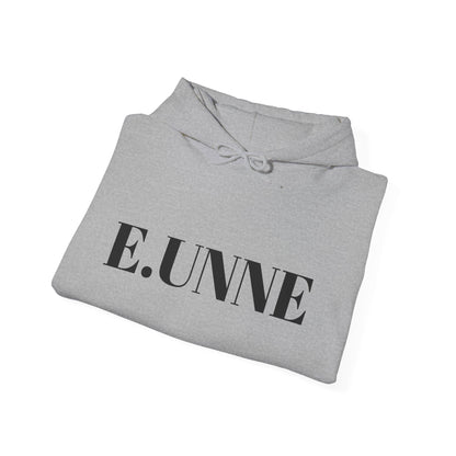 E.UNNE Logo Hoodie — Minimal Monogram Pullover folded, showcasing the minimalist design on a gray background.