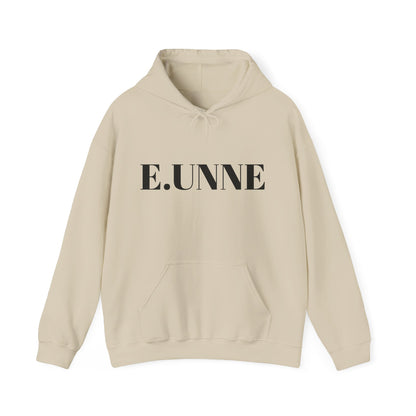 E.UNNE Logo Hoodie — Minimal Monogram Pullover in soft beige color with kangaroo pocket and minimalist design.