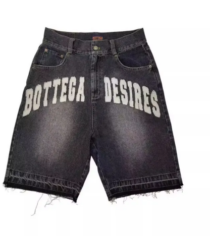 Unisex retro embroidered denim shorts featuring &