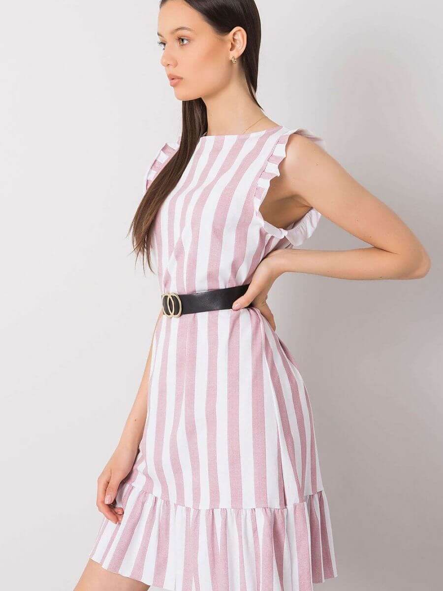 sleeveless summer dress with ruffles featuring pink stripes and a flared hem, perfect for warm occasions.