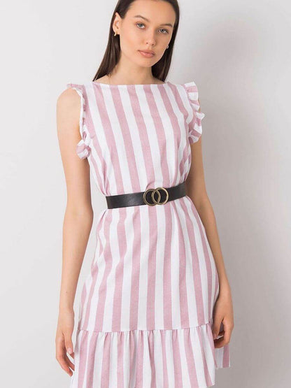 Sleeveless summer dress with ruffles in pink and white stripes, styled with a black belt for added elegance.