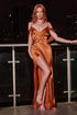 Model wearing an off shoulder satin evening dress with a high slit, showcasing elegance against a city backdrop.